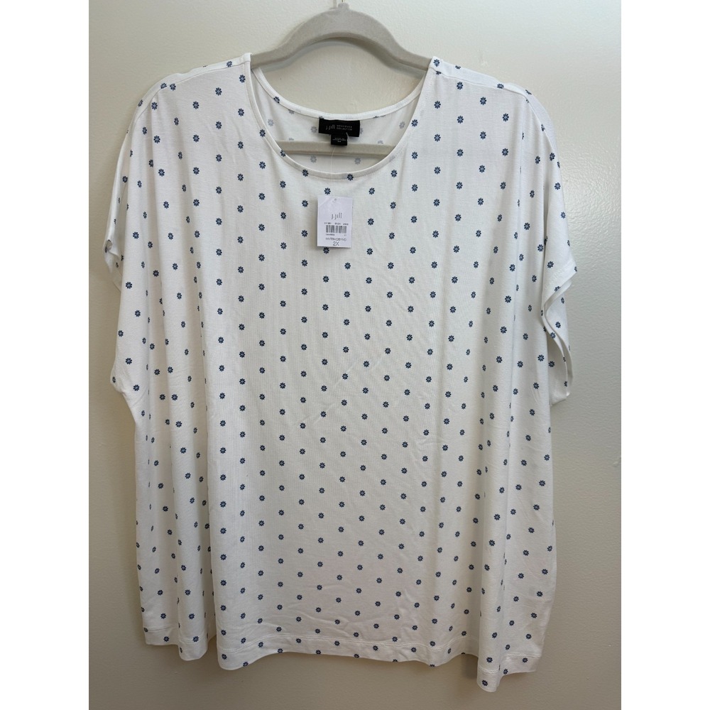 NWT Womens J.Jill Wearever Plus 2X Blouse White With Small Blue Flowers Workwear